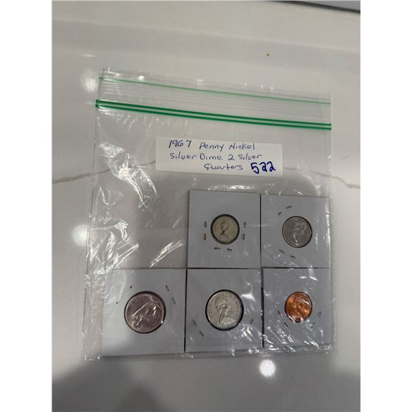 1967 penny, nickle, silver dime, 2 silver quarters