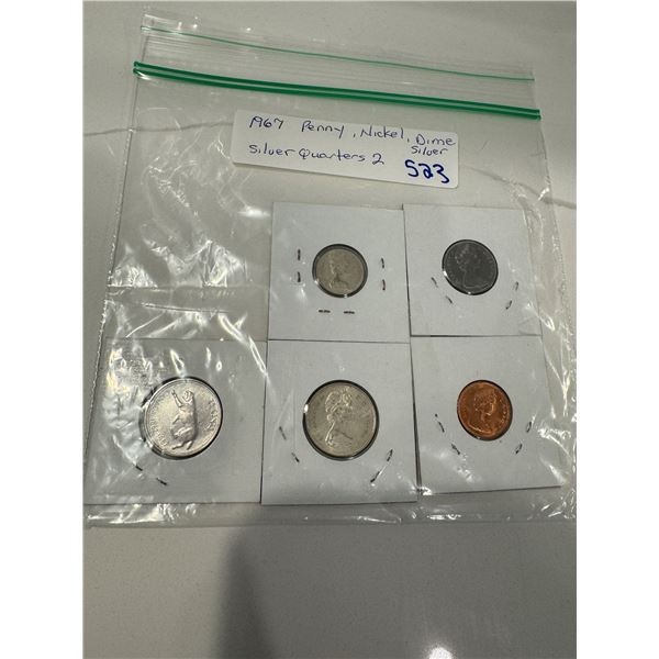 1967 penny, nickle, silver dime, 2 silver quarters