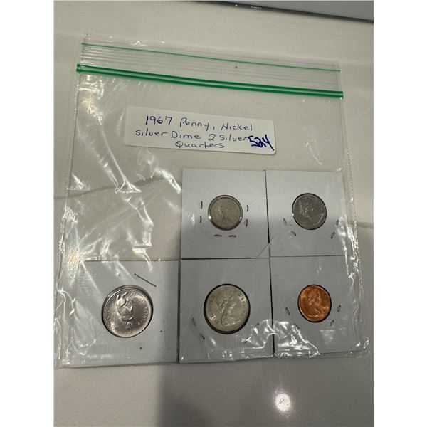 1967 penny, nickle, silver dime, 2 silver quarters