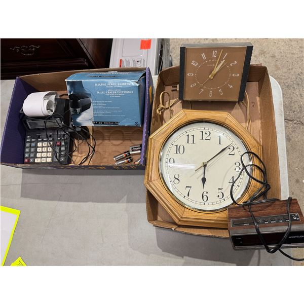Clocks, calculator and electric pencil sharpener