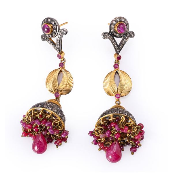 Pair Antique Indian Gold Topped Silver Ruby & Diamond Chandelier Earrings