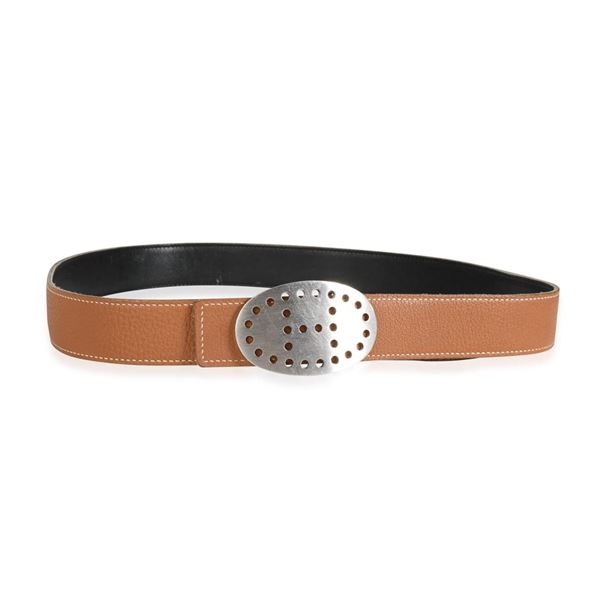 Hermes Gold Black Leather PHW Mirage Reversible Belt 90