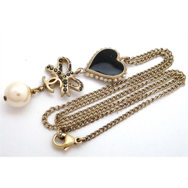 Chanel Gold-tone Black Heart Ribbon Pendant CC Necklace