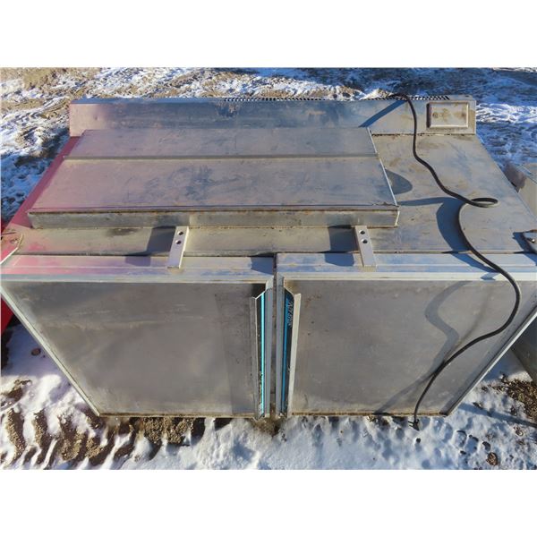 stainless steel make table with lid , cooler underneath for storage