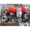 Image 1 : pallet of fuel tanks , shovels , tin fuel cans
