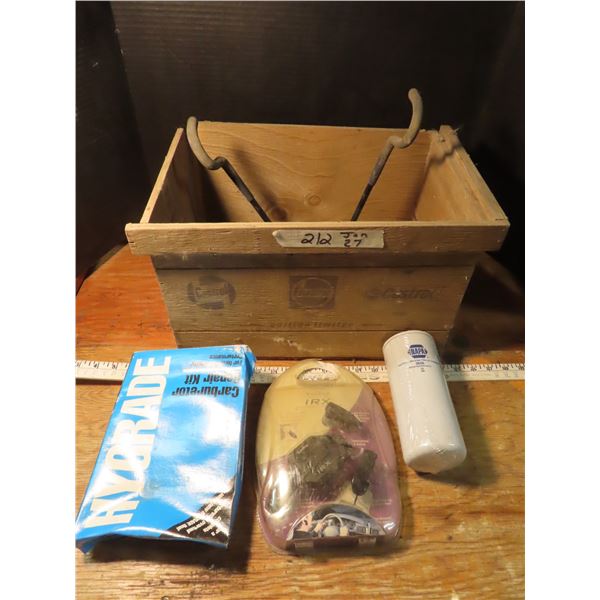 wooden castrol box with shop hooks , car audio