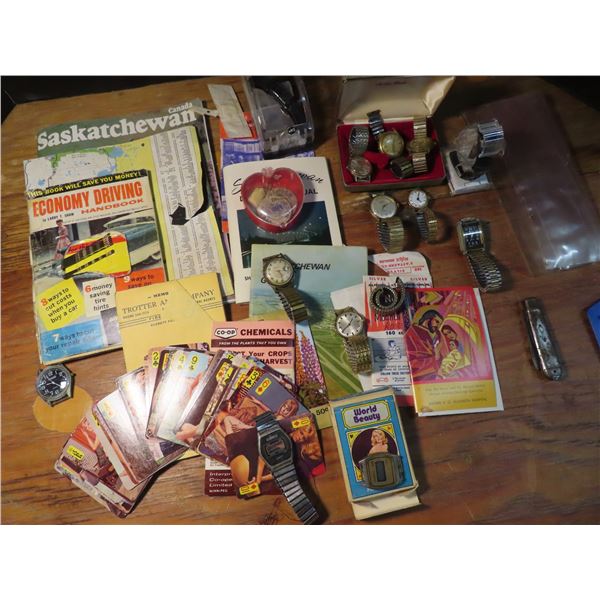 box of watches , adult playing cards , misc knick knacks