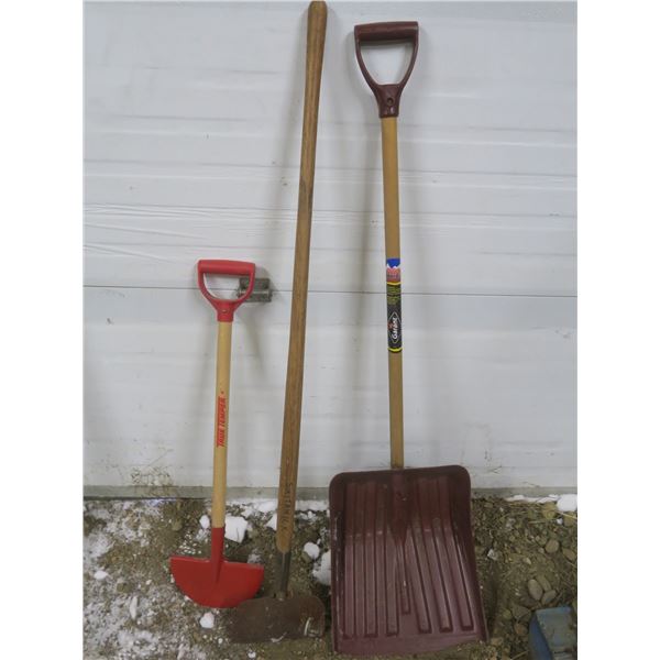 snow shovel and 2 ice chippers