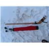 Image 1 : vintage hockey stick and pair of golf clubs