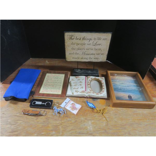 assorted collectibles, picture frames, etc.