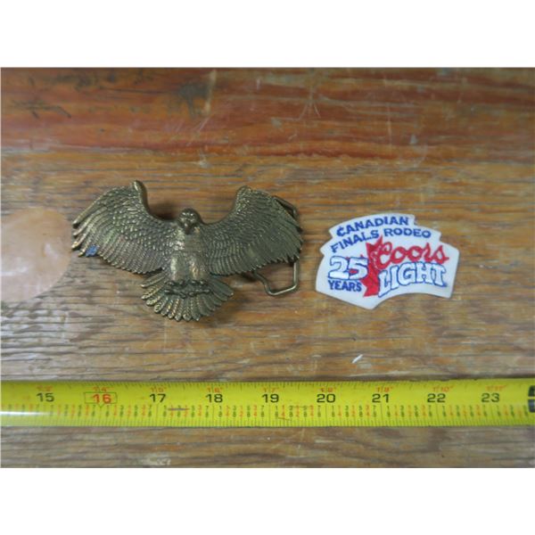 brass eagle belt buckle and Coors Light rodeo patch