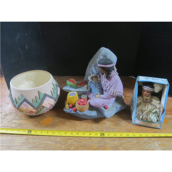 decorative bowl, ceramic native art and native doll