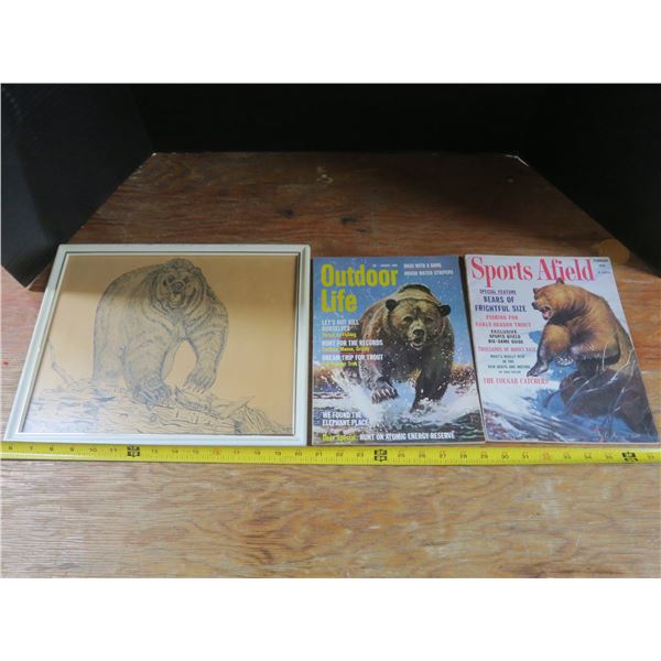 grizzly ink picture in frame and 2 outdoorsman magazines