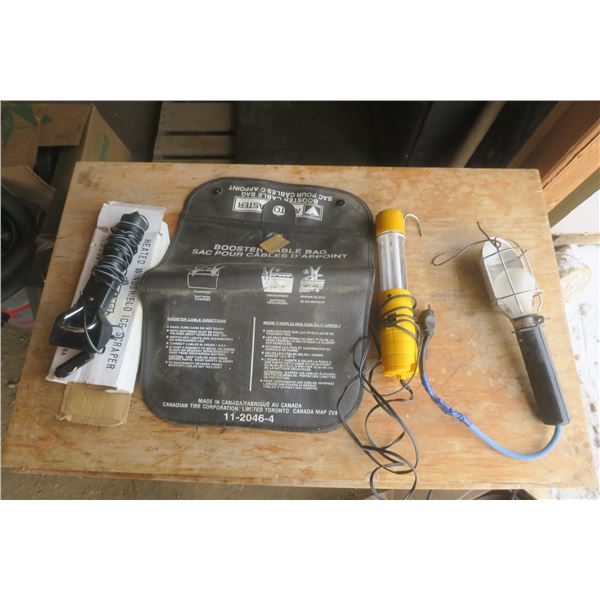 2 trouble lights, heated ice scraper and booster cable bag