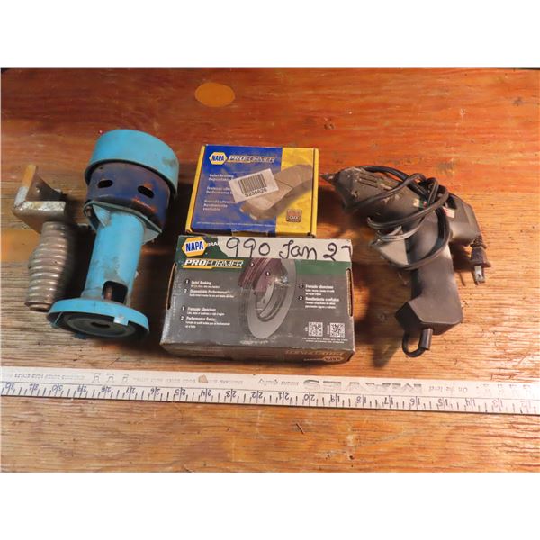 Lot of brake pads, glue gun, misc