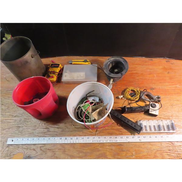 Voltmeter, wire roll, misc hardware, bolt storage