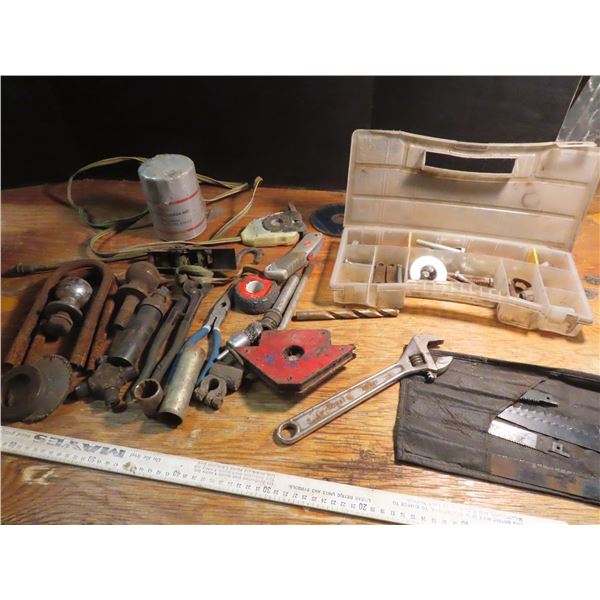 Box of hand tools, sockets, wrenches, drill bits, hardware