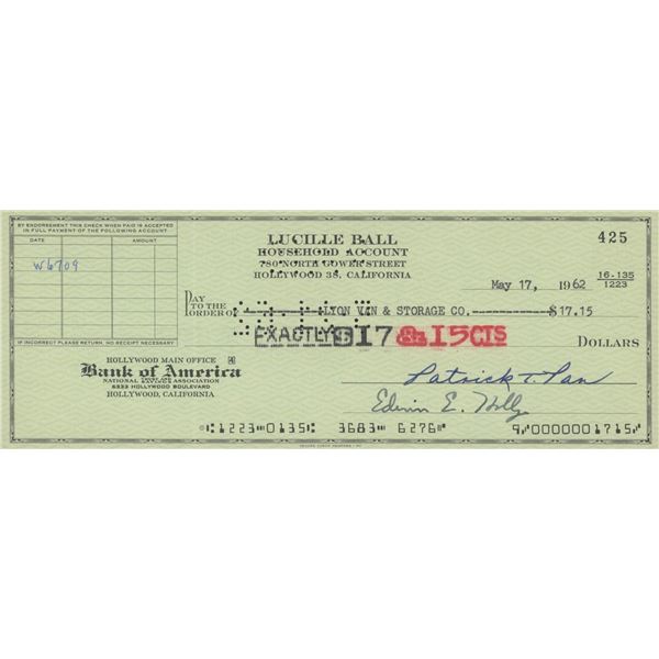 Lucille Ball signed personal check