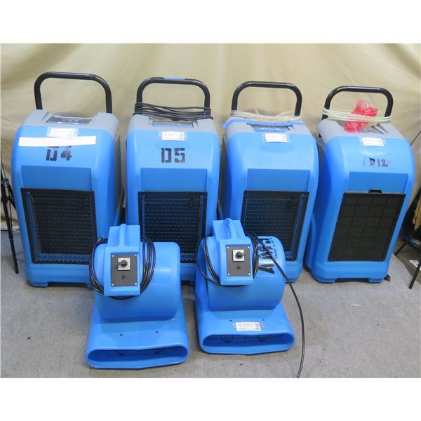 4 One Dry Dehumidifiers Model AONE-A70L & 2 Air Movers AP110009 (needs repair)