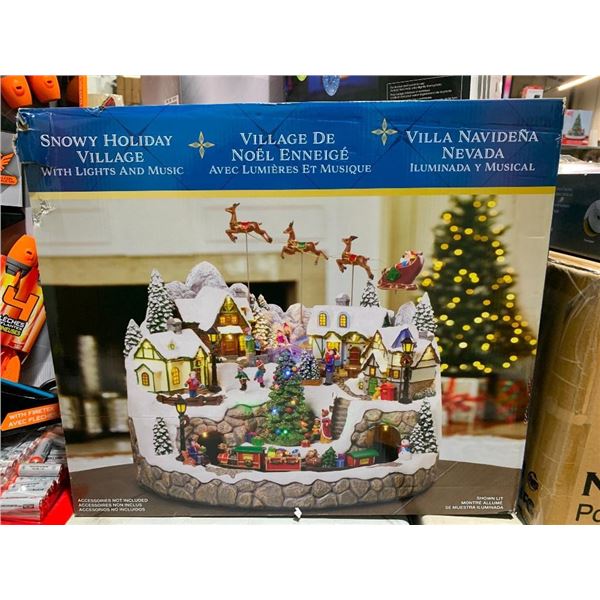 Snowy holiday village with lights and music