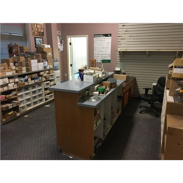 *CONTENTS OF MAIN OFFICE-ASSORTED DOOR HANDLE SETS, DOOR HARDWARE, ALL OFFICE FURNITURE