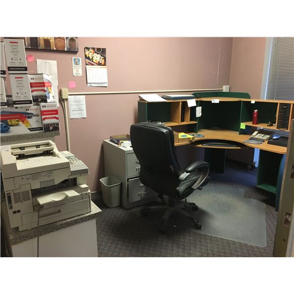 *CONTENTS OF OFFICE - GREEN & NATURAL DESK, 2 PRINTERS, FILING CABINET, BOOKSHELF & MISCELLANEOUS