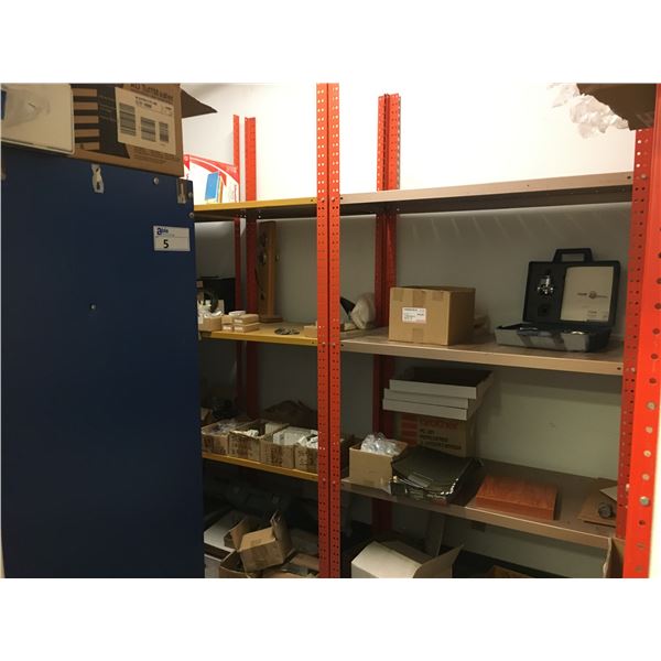 SHELF RACKING UNITS (6) APPROX. 3FT X 1 1/2FT X 8FT ORANGE & BEIGE, METAL STORAGE CABINET AND ALL