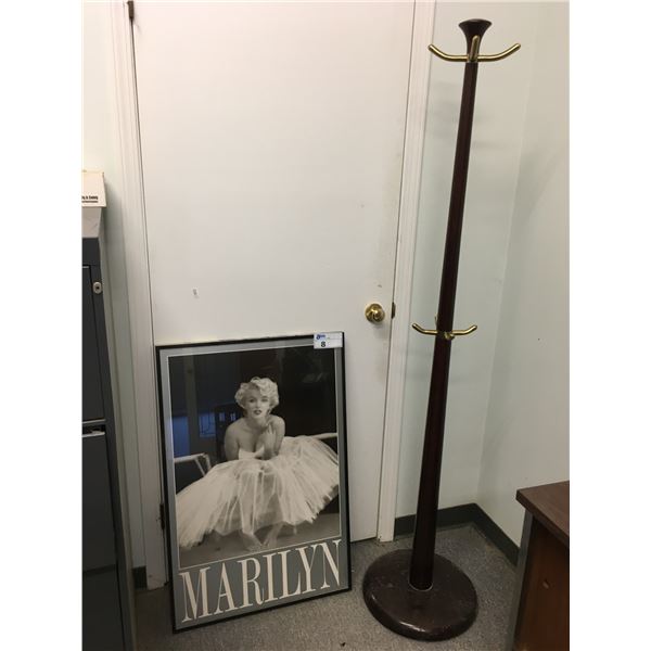 FRAMED MARILYN MONROE PRINT AND MAHOGANY & BRASS FINISH COAT TREE