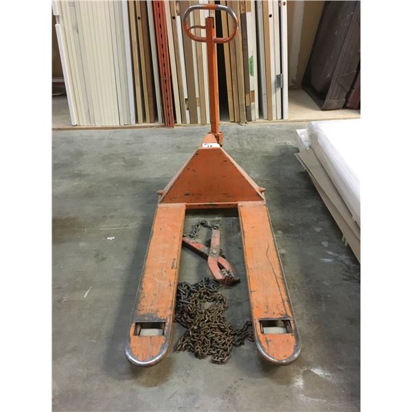 JOHNSTON PALLET JACK (ORANGE), PALLET GRABBER CLAMP AND ASSORTED CHAIN