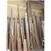 Image 3 : LARGE WALL RACK OF DOOR FRAME MATERIAL, SAW HORSES, BENCH WITH CONTENTS, ROOM OF ASSORTED GLASS