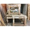 Image 6 : LARGE WALL RACK OF DOOR FRAME MATERIAL, SAW HORSES, BENCH WITH CONTENTS, ROOM OF ASSORTED GLASS