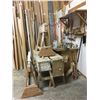 Image 7 : LARGE WALL RACK OF DOOR FRAME MATERIAL, SAW HORSES, BENCH WITH CONTENTS, ROOM OF ASSORTED GLASS