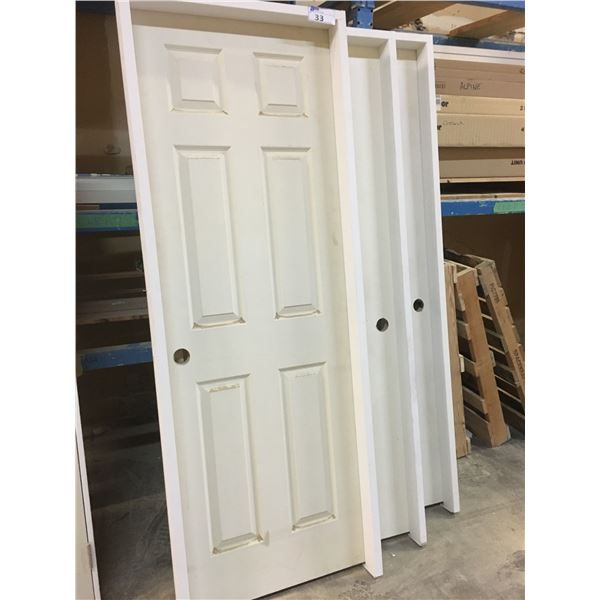 GROUP OF 3 ASSORTED SIZE WHITE DOORS WITH FRAMES (1 HAS GLASS PANEL FRONT)