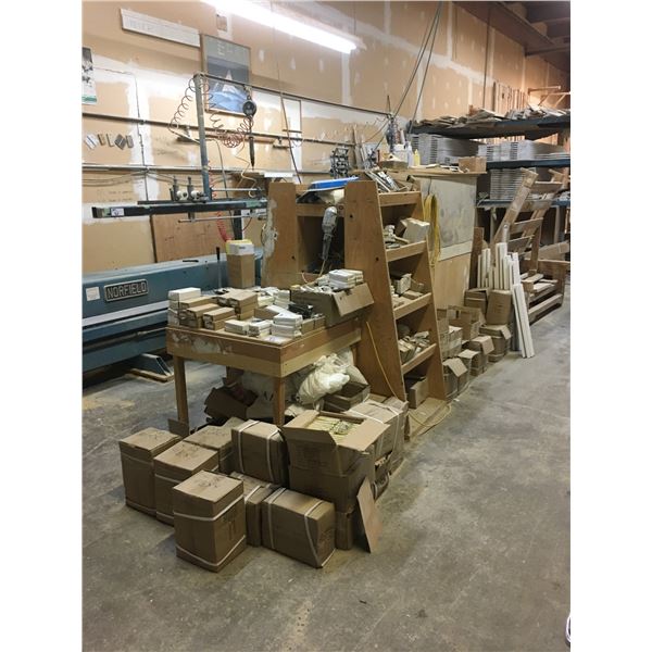 *LARGE GROUP OF ASSORTED DOOR HINGES, HARDWARE, WOODEN CABINETS AND DOOR TILTING WORK PLATFORM