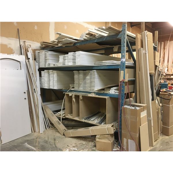 2 BLUE PALLET RACKING UNITS WITH CONTENTS- DOOR FRAME WOODEN LENGTHS, ASSORTED