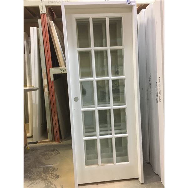 GROUP OF 9 (WHITE) DOORS WITH FRAMES - (4) GLASS PANEL FRONTS/(5) SOLID PANEL