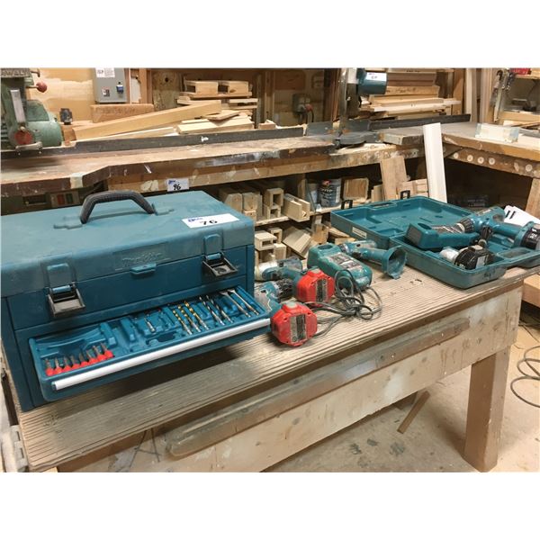 MAKITA TOOLBOX WITH CONTENTS AND 4 MAKITA CORDLESS DRILLS