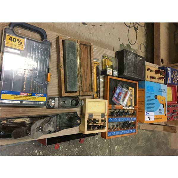 GROUP OF ASSORTED TOOLS, ROUTER BITS, DRILL BITS, TAP & DIE SET, ETC
