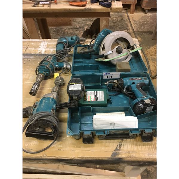 GROUP OF 4 MAKITA POWER TOOLS-SKILL SAW, CORDLESS DRILL, HAMMER DRILL & 13MM DRILL