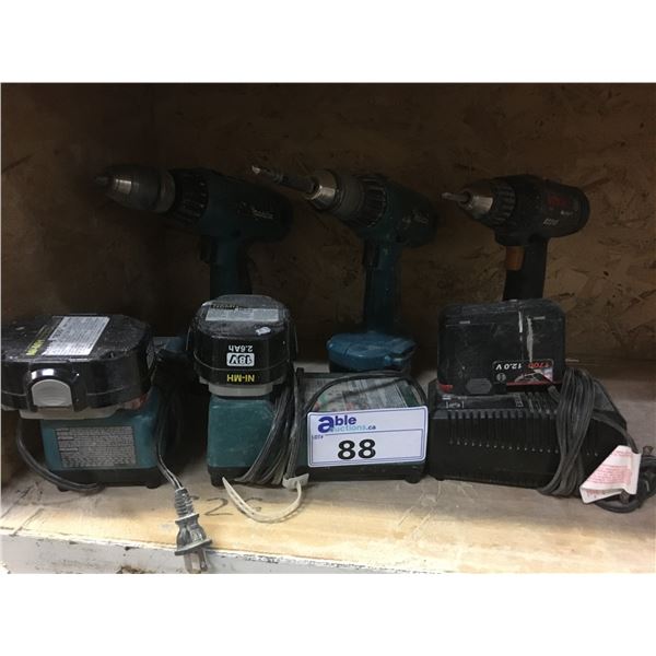 GROUP OF 3 CORDLESS DRILLS- 2 MAKITA AND 1 BOSCH