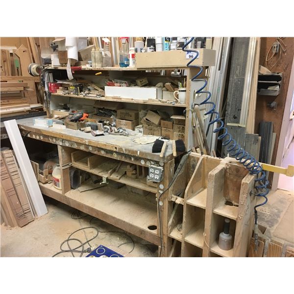 *APPROX. 20FT LONG L-SHAPED WOODEN WORKBENCH AND CONTENTS *MUST TAKE ALL*