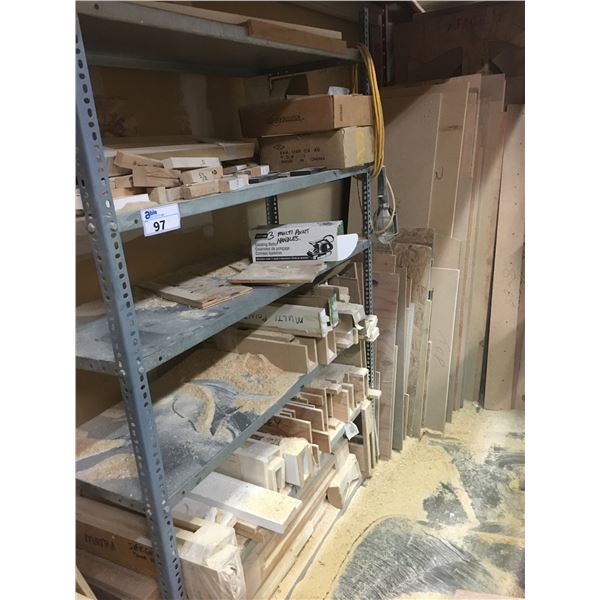 GREY METAL SHELF UNIT WITH CONTENTS AND ASSORTED WOOD PIECES ON BOTH SIDES