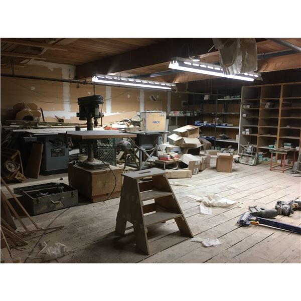 *ALL CONTENTS OF MEZZANINE - TOOLS, SHELVES, DOOR/WINDOW MATERIAL, HARDWARE AND MISCELLANEOUS