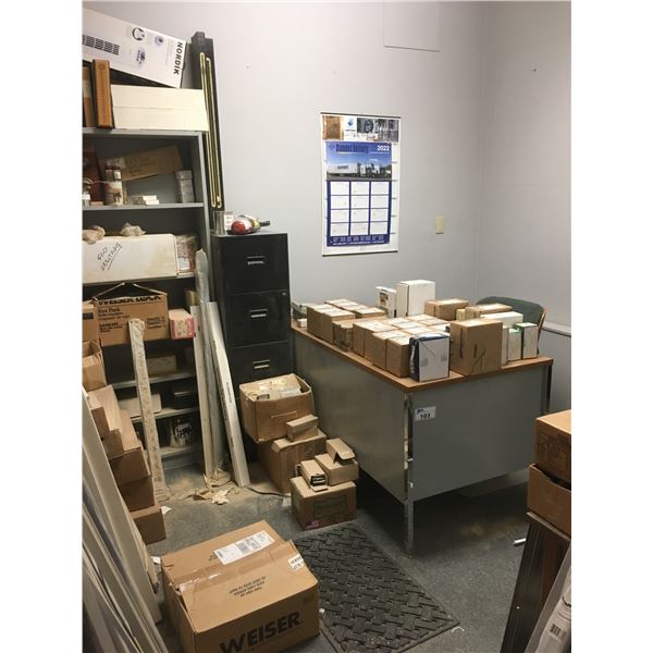 CONTENTS OF OFFICE - LOTS OF ASSORTED DOOR HARDWARE, DESK, BOOKSHELF, FILING CABINET, ETC