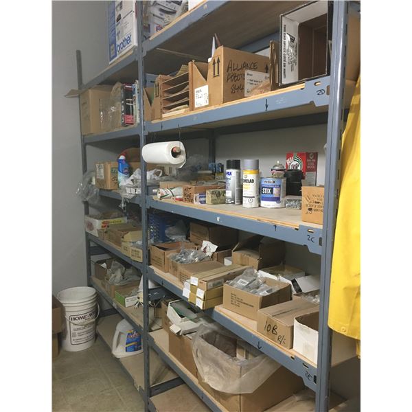 LARGE GREY SHELF RACKING UNIT AND CONTENTS - ASSORTED SHOP SUPPLIES, HARDWARE AND MISCELLANEOUS