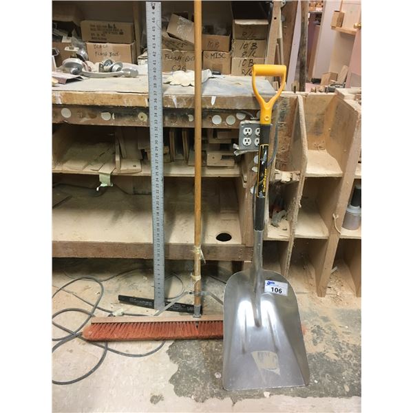 LARGE SHOP BROOM, SHOVEL AND CARPENTERS SQUARE