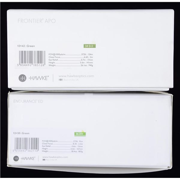 2 HAWKE GREEN BINOCULARS.