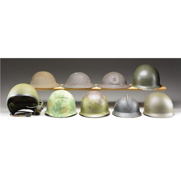 9 MILITARY HELMETS.