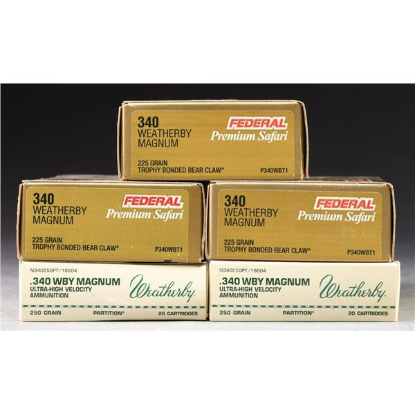 100 RDS. (5 BOXES) 340 WBY. MAG. AMMO.