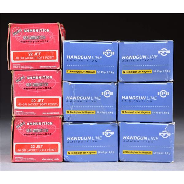 9 BOXES (360 RDS.) 22 REM JET AMMO.